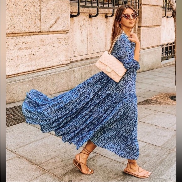 Zara Blue Angel Long Sleeve Prairie Maxi Dress zig zag print - Picture 2 of 8